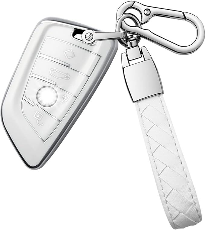 indeda for BMW key fob cover with leather keychain,Soft TPU Full Cover Protection,key fob case compatible with BMW 2 5 6 7 Series X1 X2 X3 X5 X6 etc Smart Remote Key