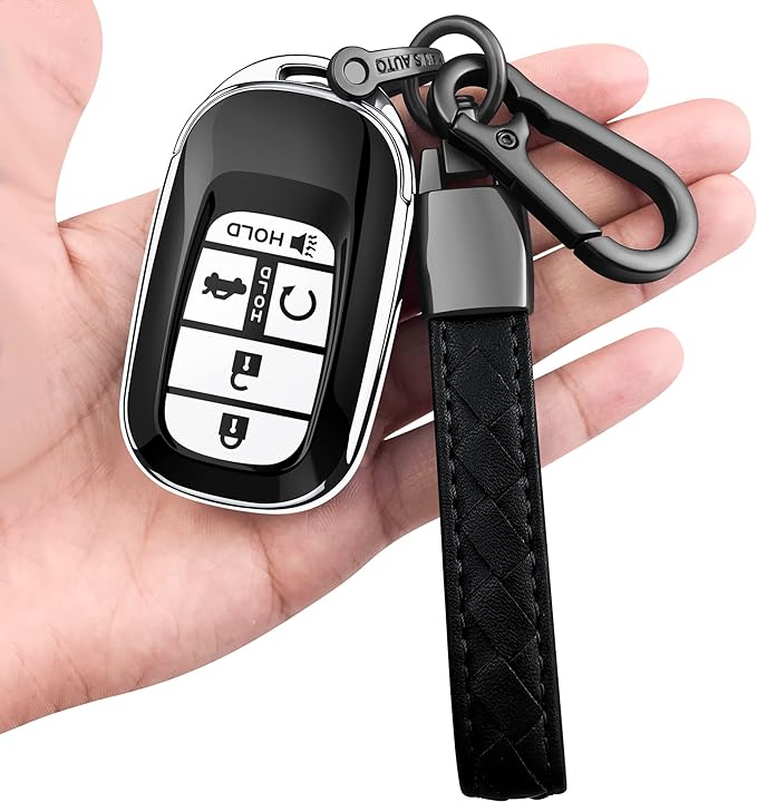 Sindeda for Honda Key fob Cover with Leather Keychain Soft TPU Full Cover Protection,for Honda 2022 Civic Accord,5 Buttons Key Fob Shell