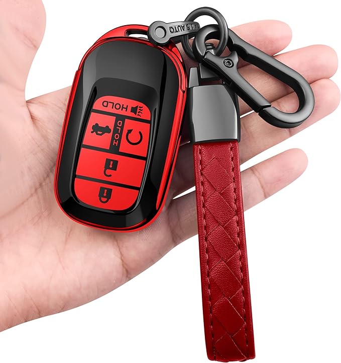 Sindeda for Honda Key fob Cover with Leather Keychain Soft TPU Full Cover Protection,for Honda 2022 Civic Accord,5 Buttons Key Fob Shell