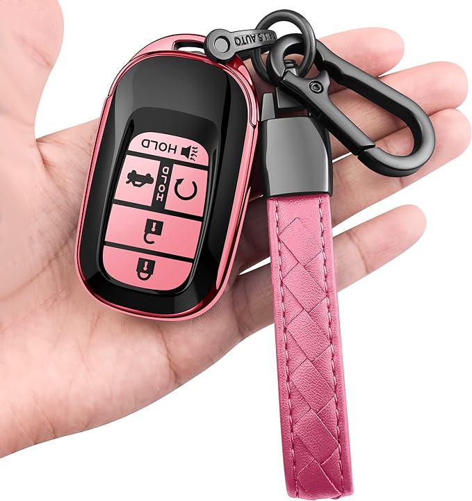 Sindeda for Honda Key fob Cover with Leather Keychain Soft TPU Full Cover Protection,for Honda 2022 Civic Accord,5 Buttons Key Fob Shell