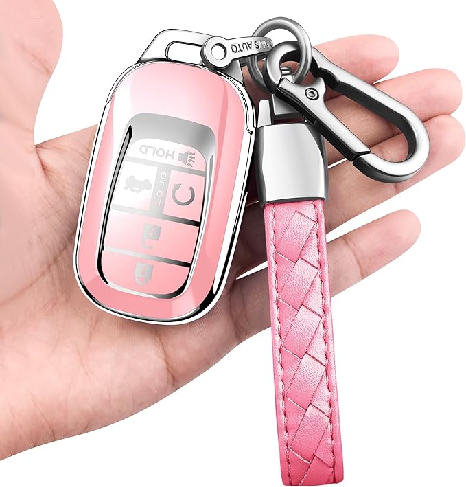 Sindeda for Honda Key fob Cover with Leather Keychain Soft TPU Full Cover Protection,for Honda 2022 Civic Accord,5 Buttons Key Fob Shell