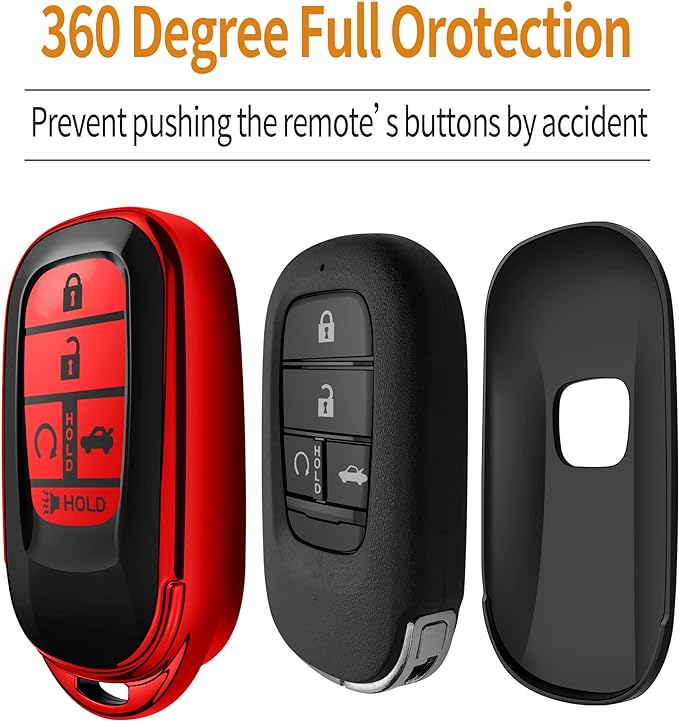Sindeda for Honda Key fob Cover with Leather Keychain Soft TPU Full Cover Protection,for Honda 2022 Civic Accord,5 Buttons Key Fob Shell