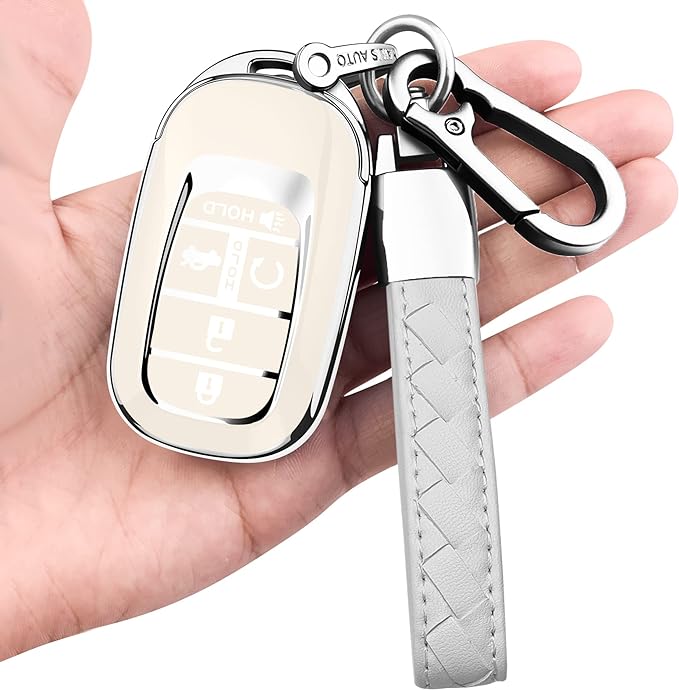 Sindeda for Honda Key fob Cover with Leather Keychain Soft TPU Full Cover Protection,for Honda 2022 Civic Accord,5 Buttons Key Fob Shell